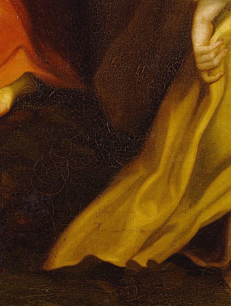 Mary Magdalene adores the infant, hands reaching.