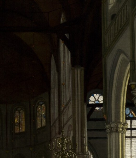 The single most luminous point in the painting and its spiritual vanishing point; every architectural line leads here, turning mundane perspective into a meditation on transcendence
