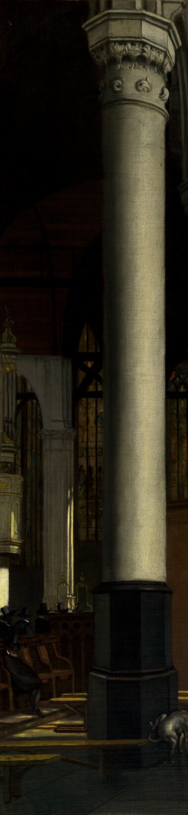 The colossal column dominates the left edge and dwarfs everything else , its scale alone tells the viewer they are small inside this building, an immediate visceral effect