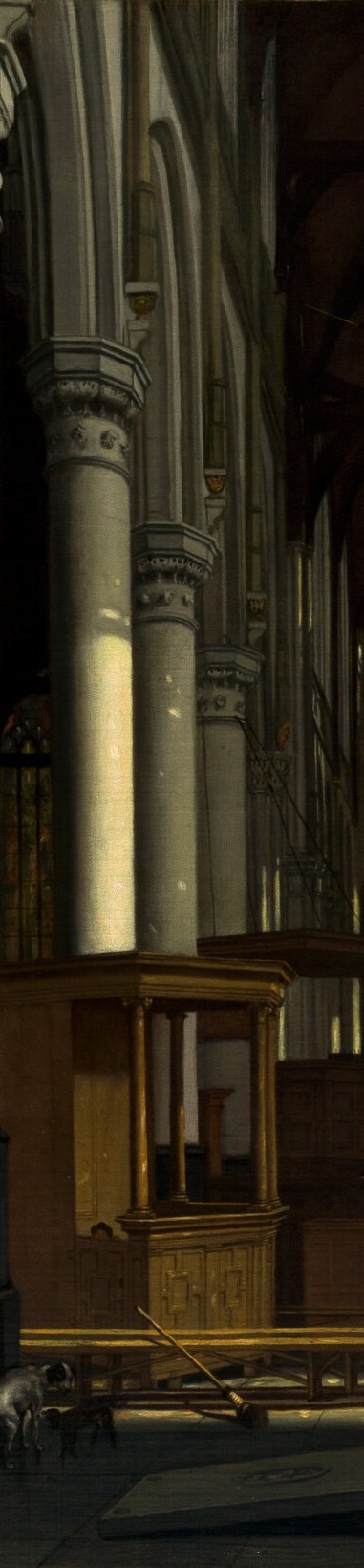 Together with the first column it forms a proscenium that frames the entire scene beyond; the gap between them is where de Witte places his whole moral drama