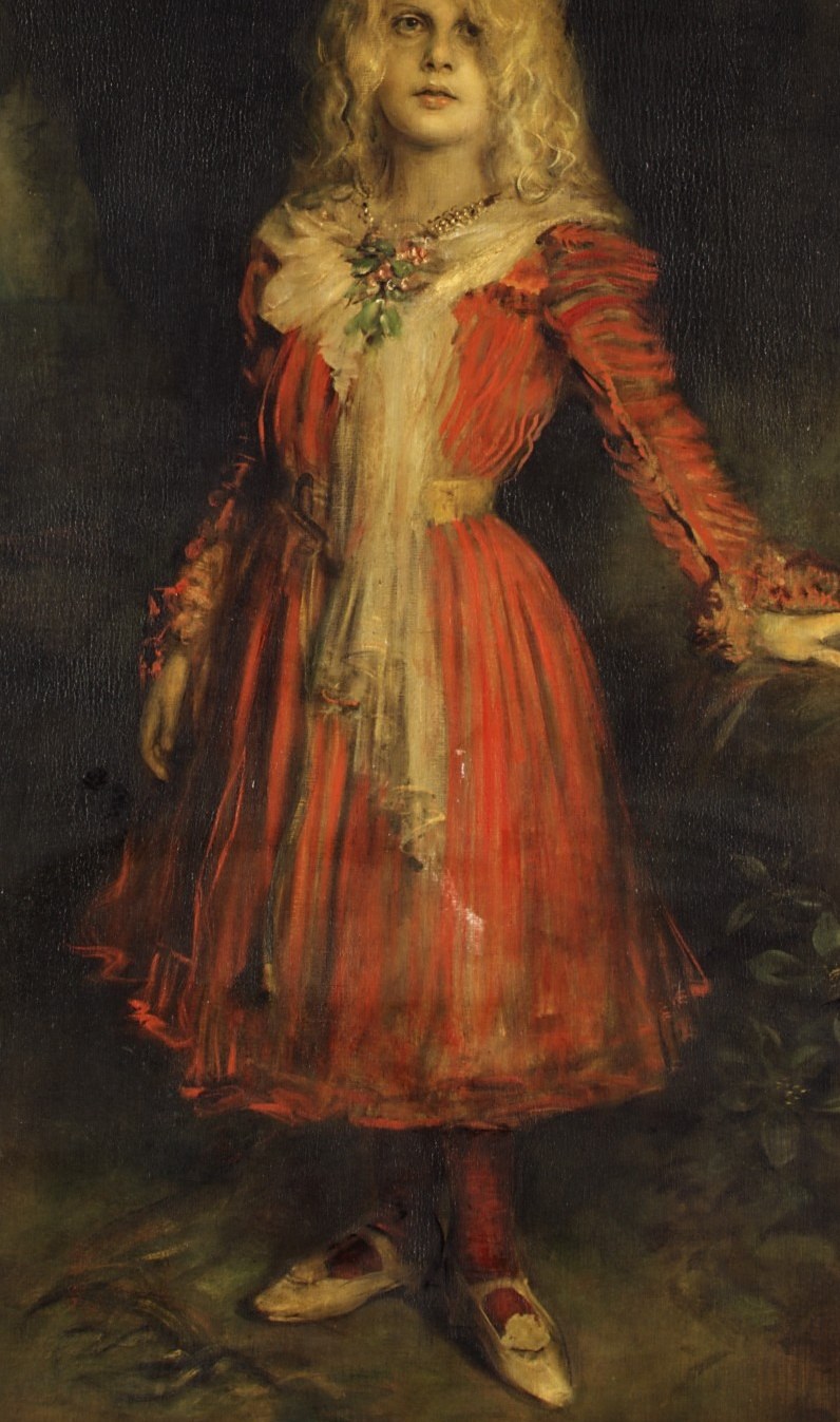 The saturated red against a dark ground is the painting's dominant chromatic choice , bold and unusual for a child portrait, conveying intensity as much as innocence