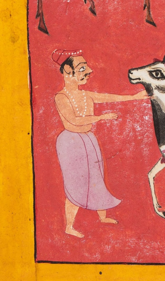 The human figure reaches for the cow in an act of devotion.