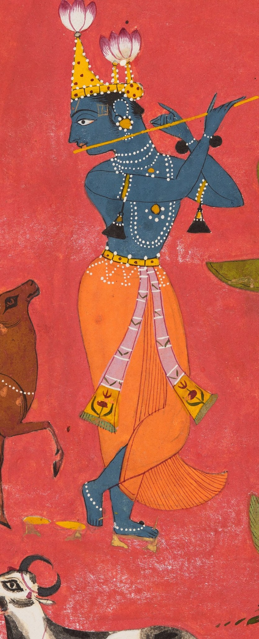 This painting shows Krishna, a Hindu deity, playing his flute.
