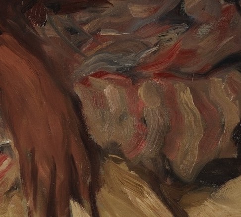 Her hands rest, a quiet strength.