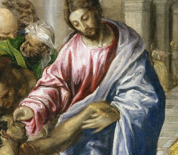 Christ leans in to heal the blind.