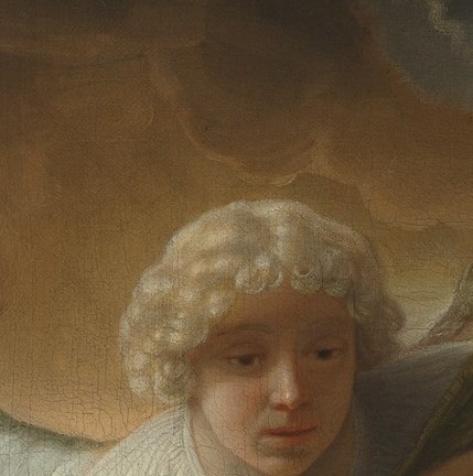 The angel's youthful, serene expression conveys a sense of divine peace and gentle authority.