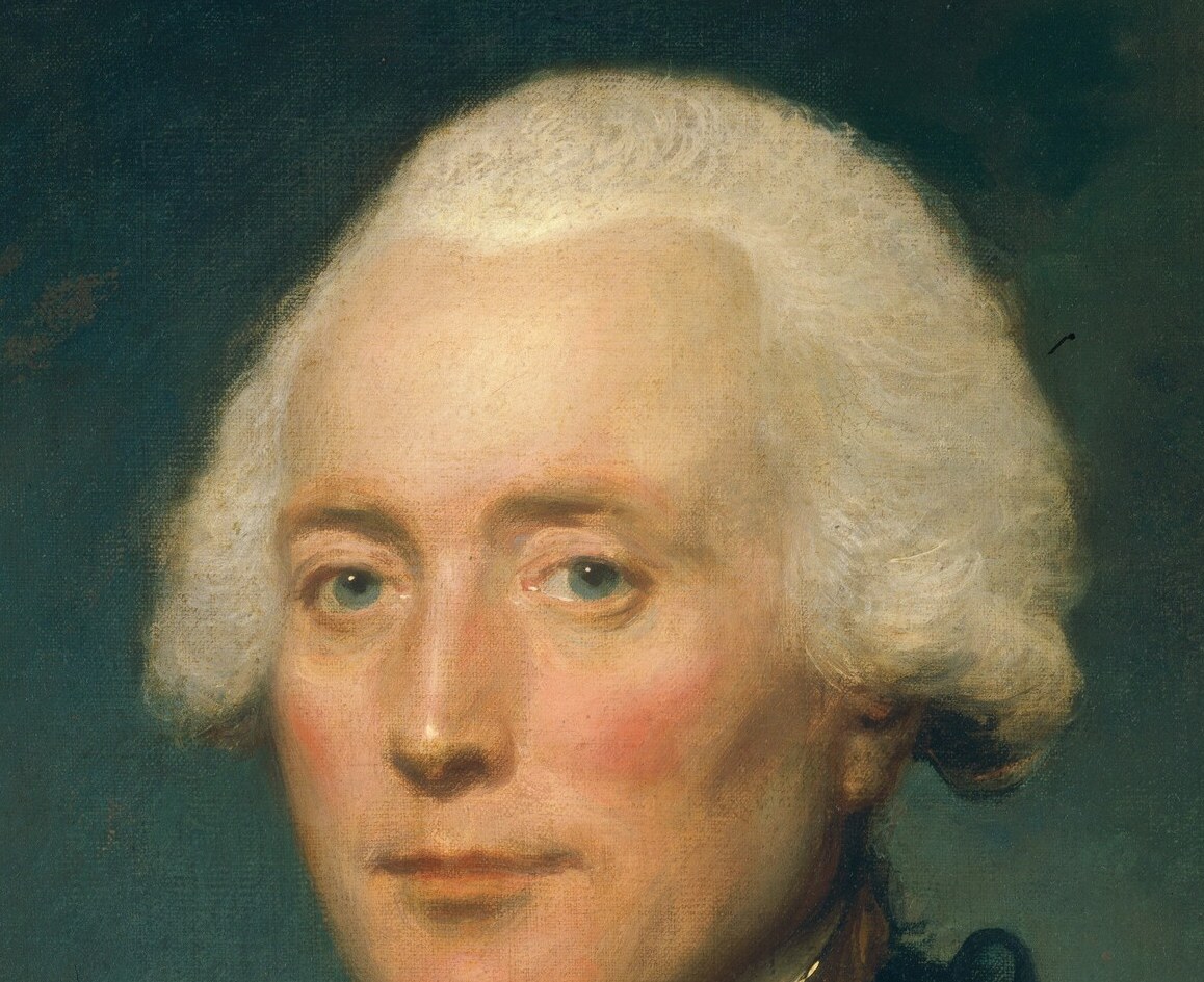 The meticulously styled wig signifies status and adherence to late 18th-century fashion.
