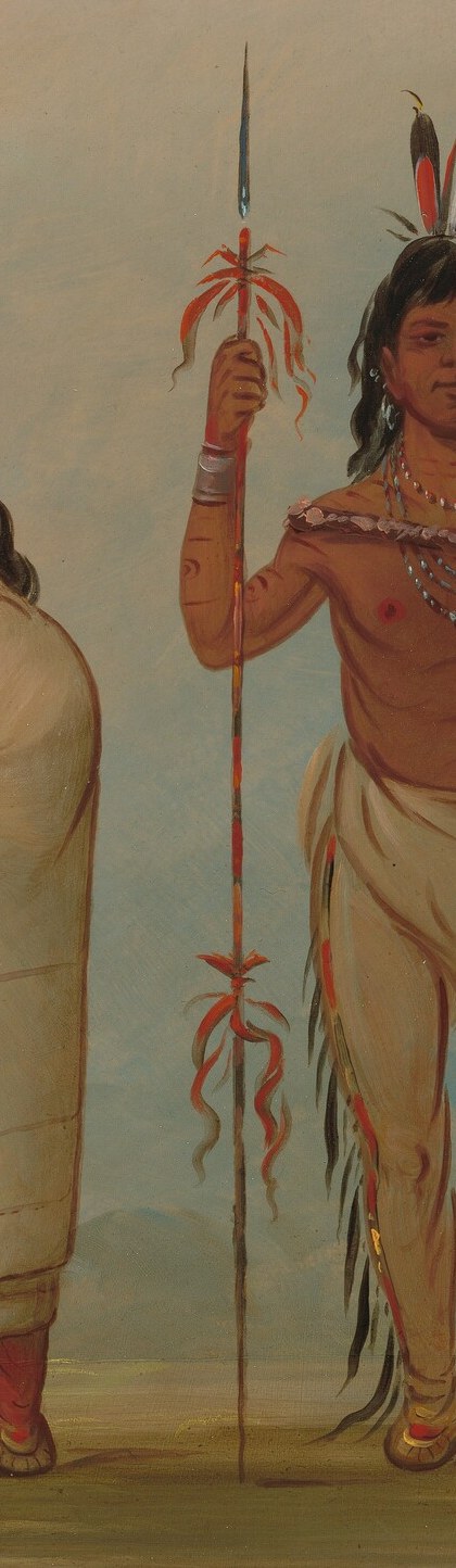 His upright spear and hide shield show his role as warrior and protector.