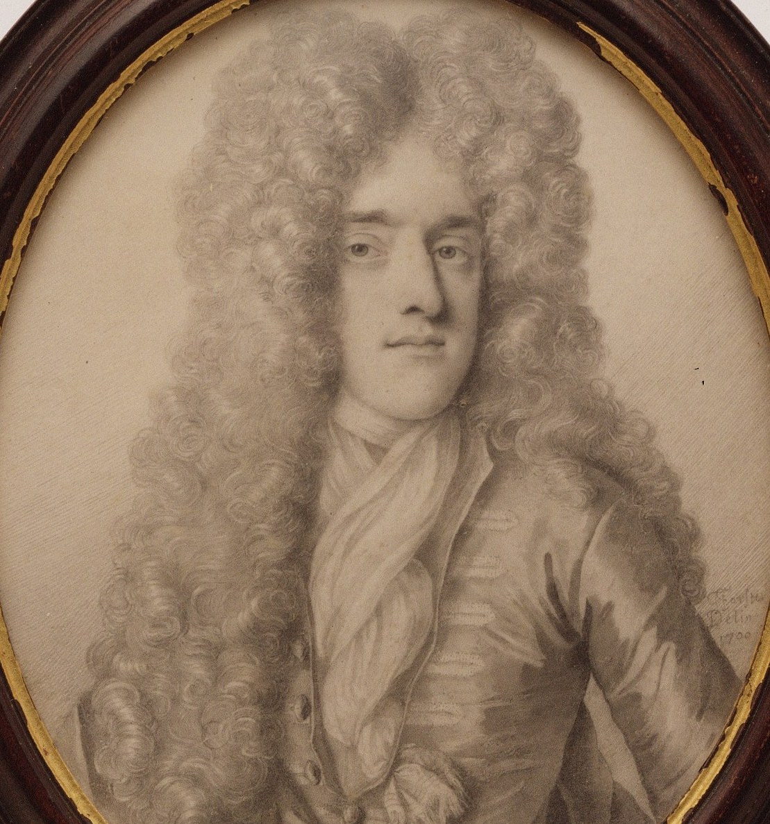 The sitter's voluminous wig and lace necktie show his high status.