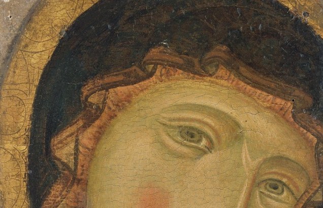 Elongated and darkly outlined in the Byzantine manner, these eyes carry the painting's primary emotional weight , simultaneously otherworldly and sorrowful.