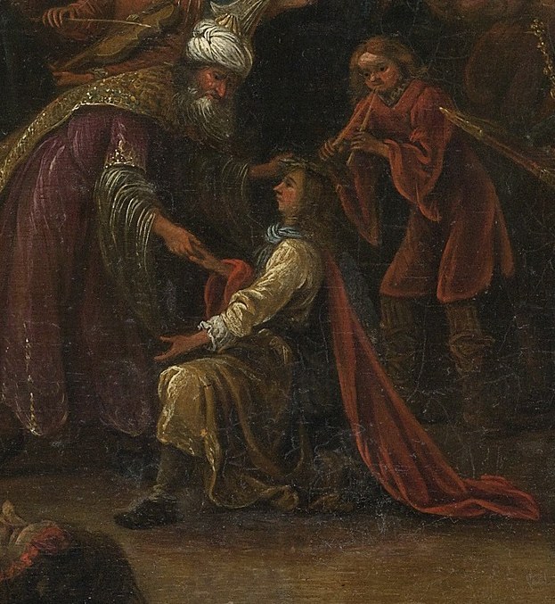 The golden cloth draped between them symbolizes honor and reward.