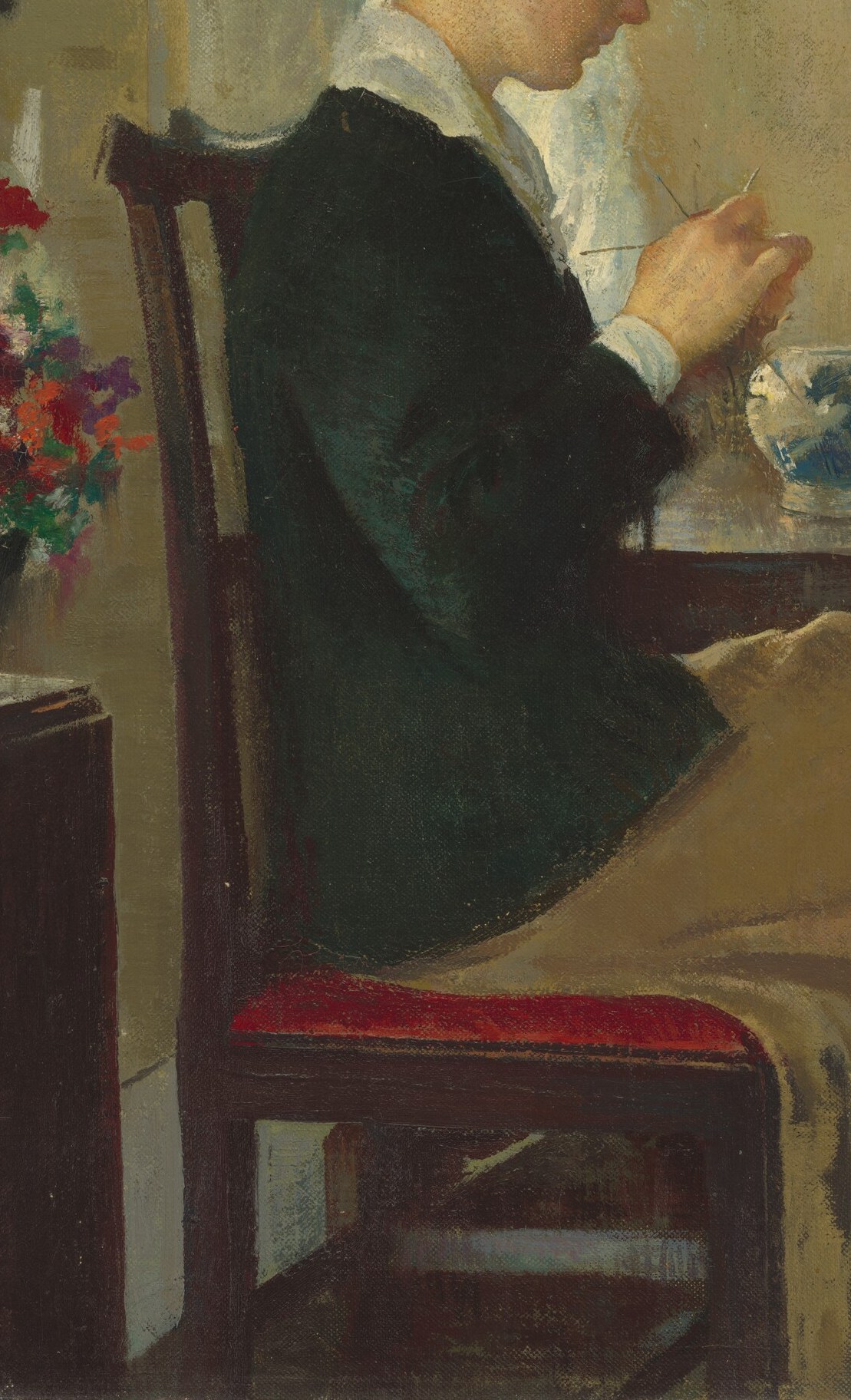The solid, dark chair grounds the figure and emphasizes her solitary posture.