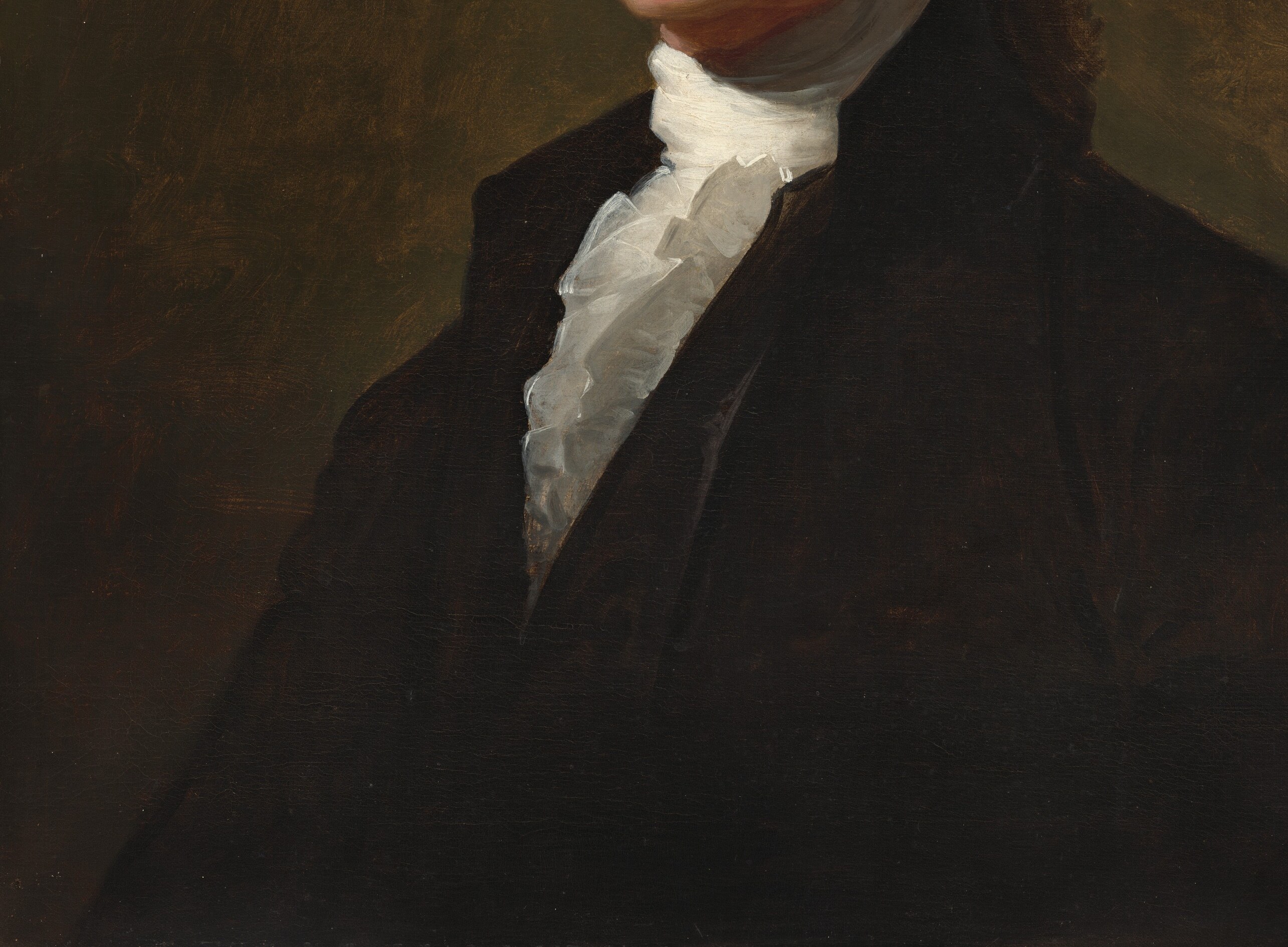 The deep prussian blue is the dominant ground of the lower half; oil paint texture is most visible here , brush strokes suggest wool broadcloth