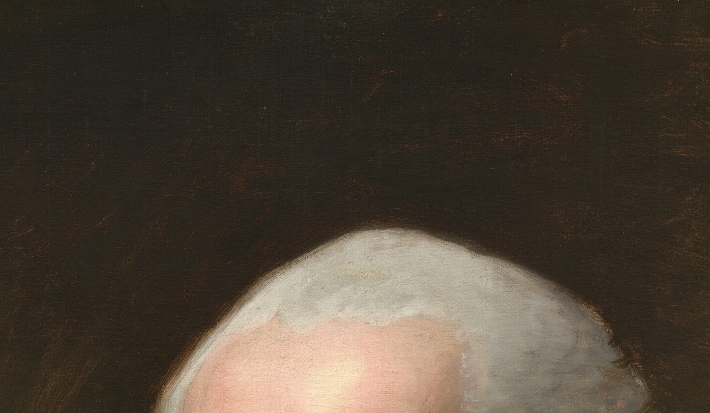 Distinctive colonial-era hairstyle signals aristocratic authority and period context; the whiteness contrasts sharply with the dark coat