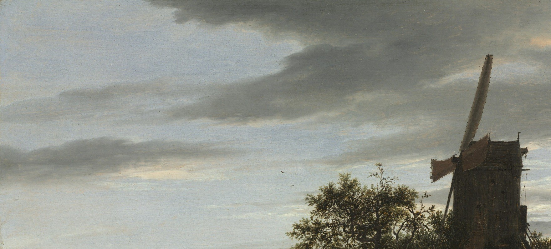 More than half the canvas is sky , a deliberate choice showing Ruisdael's emerging mastery of atmospheric drama; light breaks through on the left while clouds mass to the right.