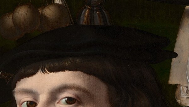 Reflected catchlights in both irises animate the face; the steadiness of the gaze is the portrait's emotional core, the viewer feels assessed, not merely observed.