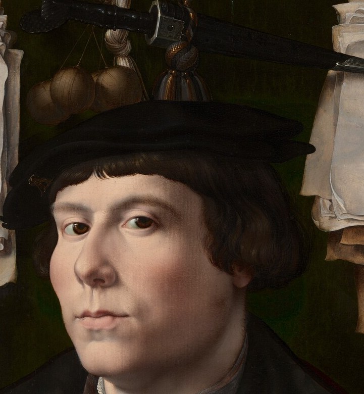 Unwavering eye contact with the viewer projects authority and self-possession; Gossaert models the face with subtle shadow that gives the skin uncanny presence in close-up.