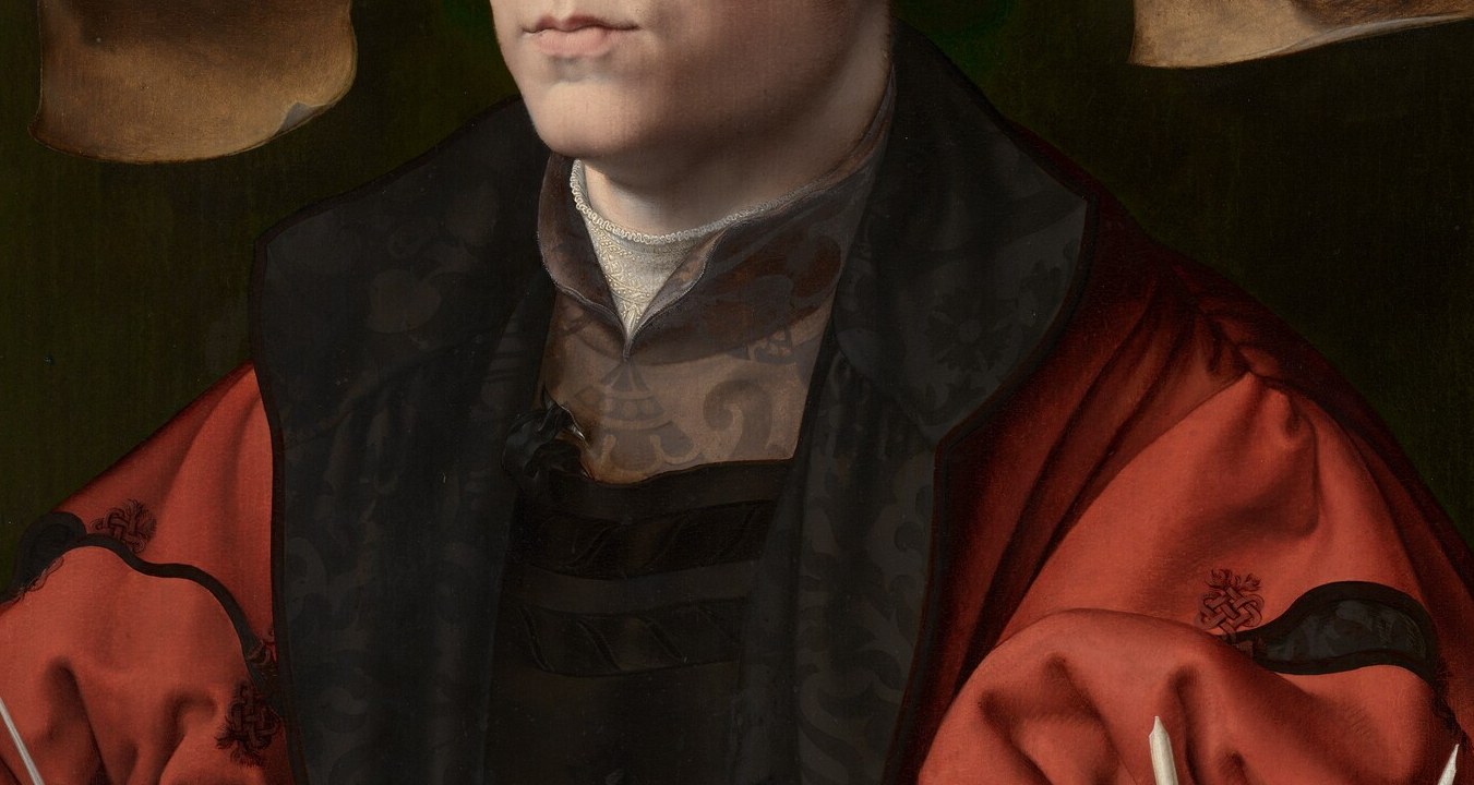 The saturated red dominates the painting's colour economy; Gossaert's rendering of heavy cloth, fold, sheen, and shadow, is a tour-de-force of Netherlandish oil technique on panel.