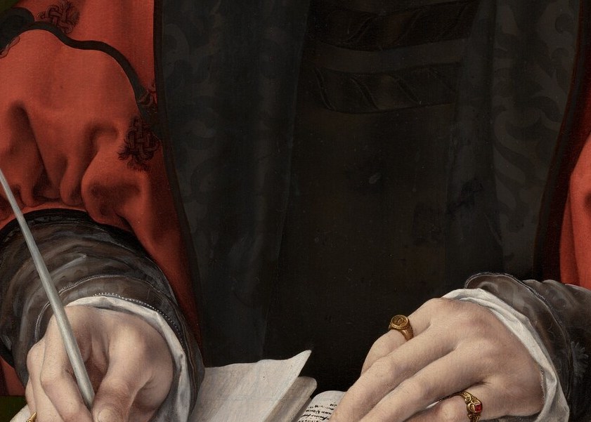Hands in mid-action, one gripping the quill, one steadying the page, signal active literacy and commerce; Gossaert's foreshortening of the fingers is a deft spatial trick.