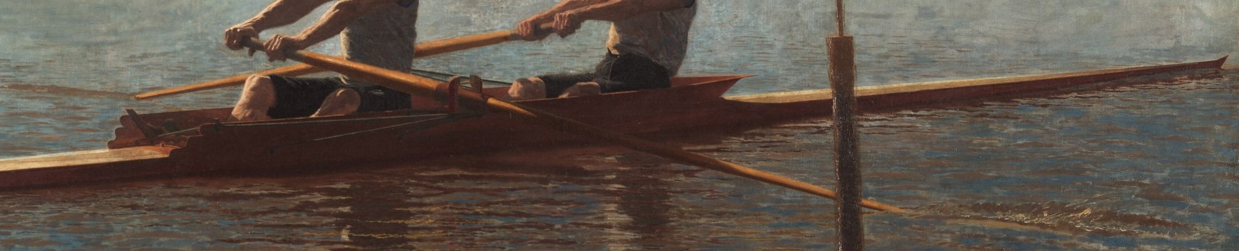 The sleek, long hull emphasizes speed and the precarious balance of the rowers.