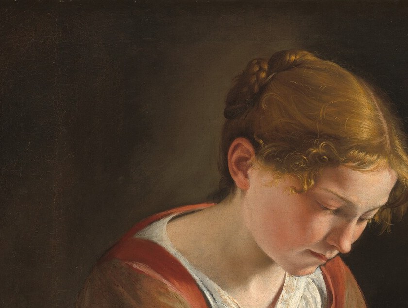 Painted by Gentileschi with his signature silvery naturalism; her absorbed downward gaze conveys complete surrender to divine music , the emotional core of the canvas.