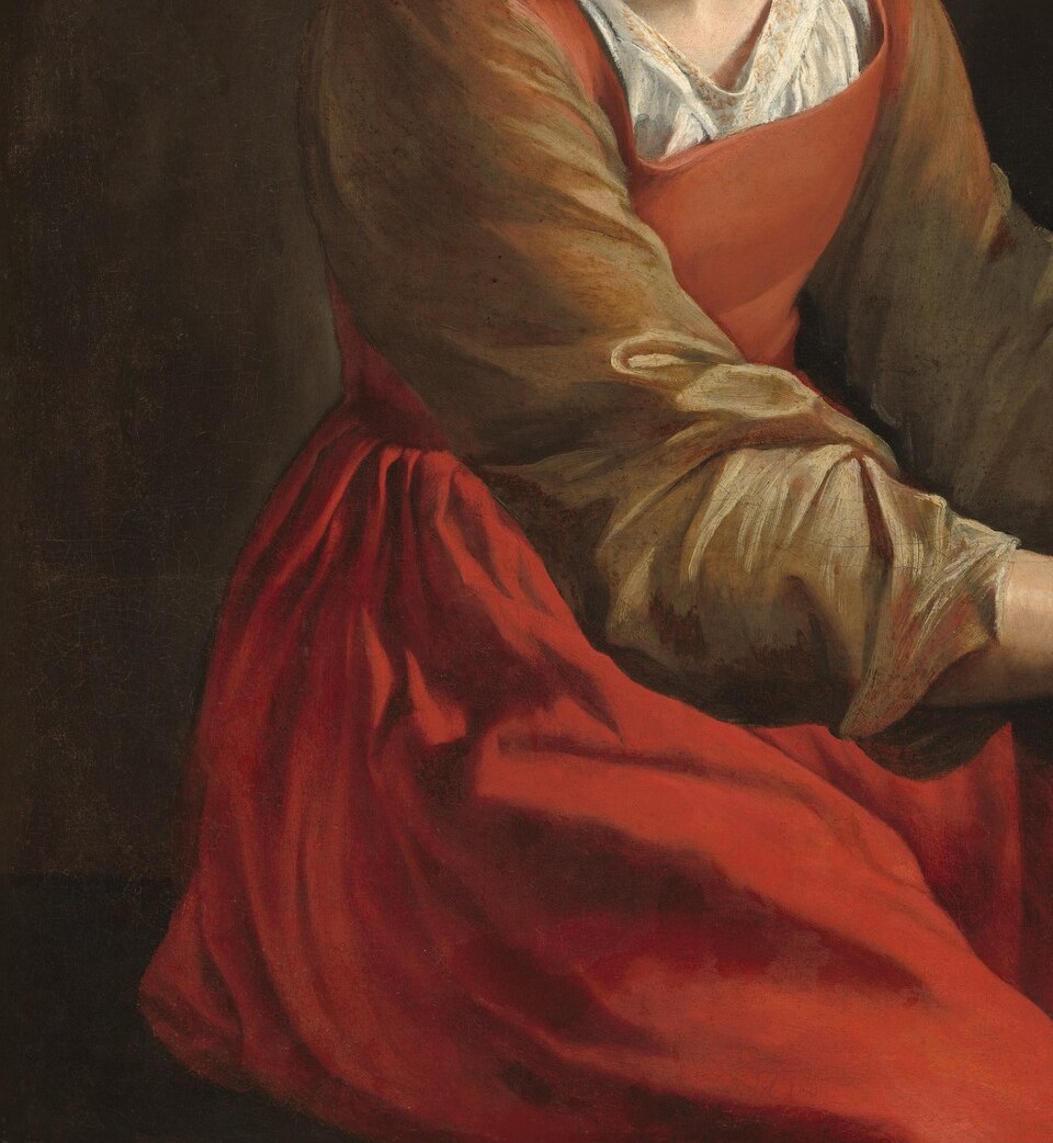 Lanfranco's hand; the saturated orange-red is the painting's dominant color note. Its confident broad folds contrast sharply with the jewel-like precision of Gentileschi's head above.