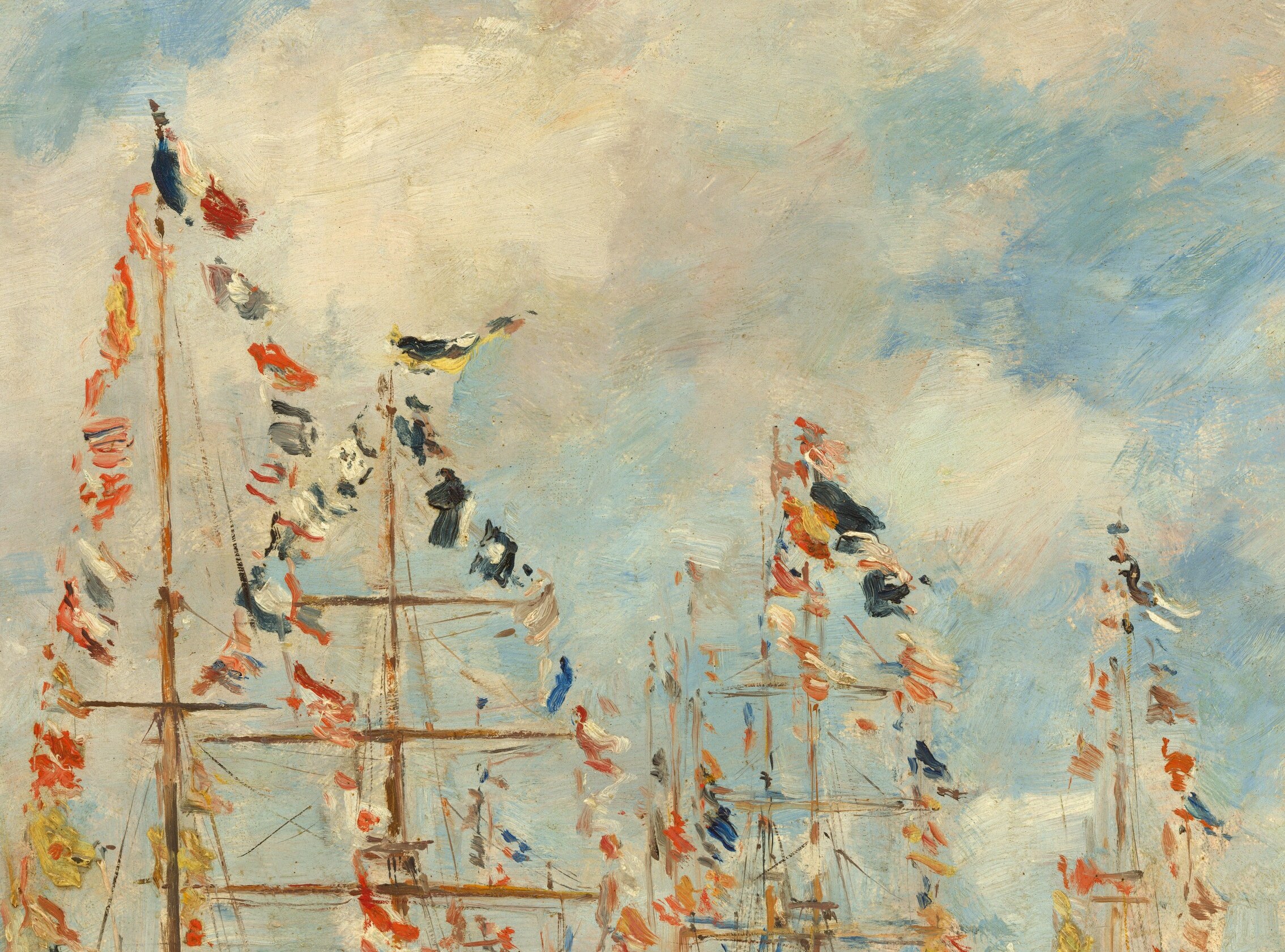 Here, festive flags are strung between the boats, a sign of celebration.