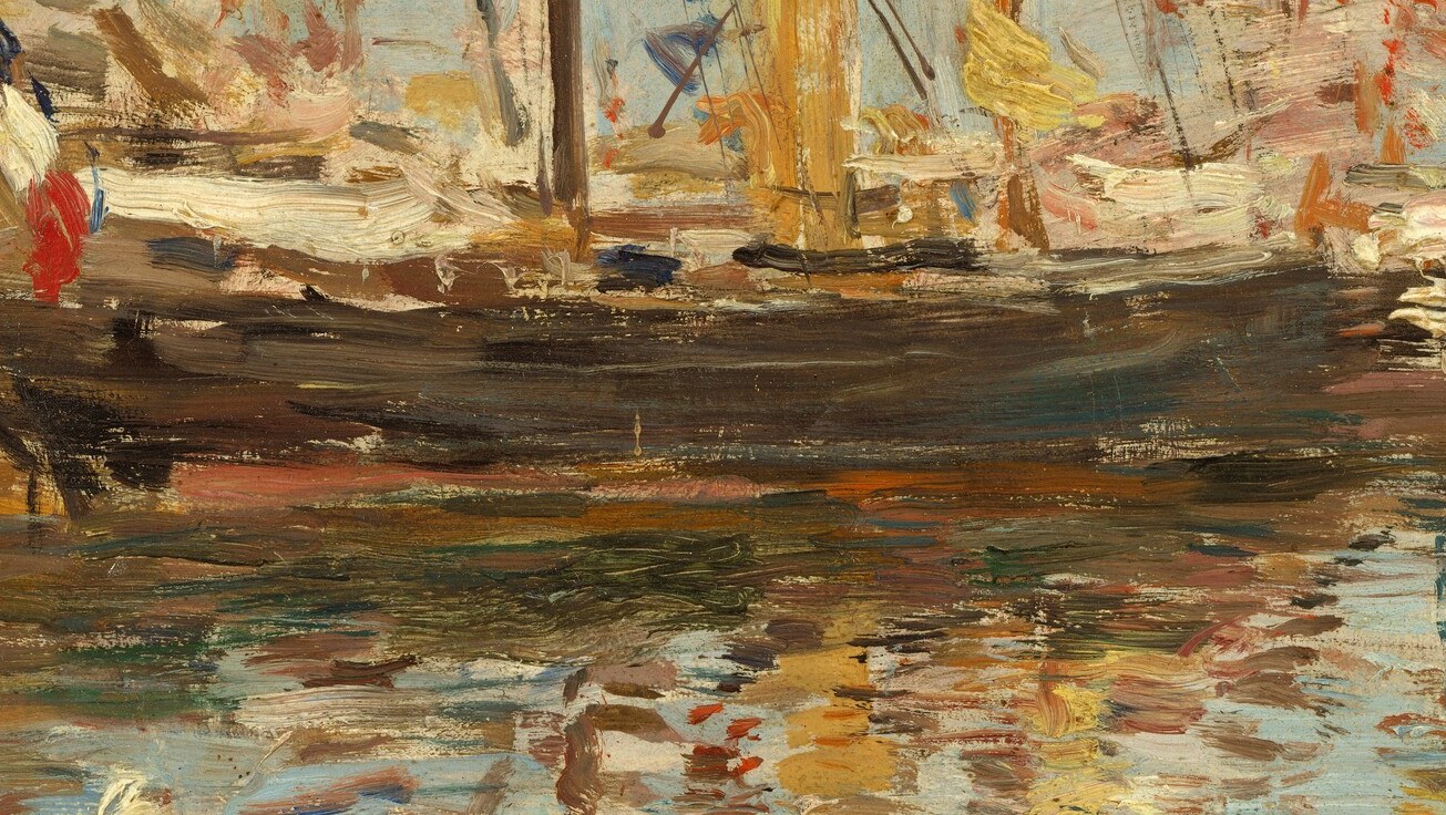 Its broad, dark form anchors the composition and suggests the weight and presence of the vessel.