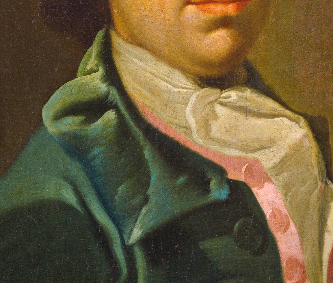 The soft pink-white ruffles against the dark coat are the compositional light anchor of the lower face , expensive lace signals status and signals Rococo taste for soft luxury.