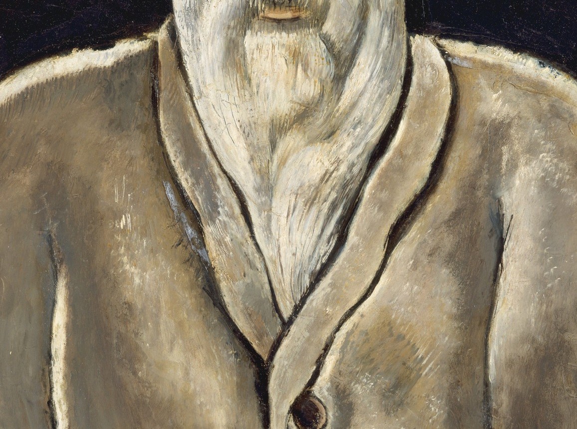 The beard dominates the lower face and chest, rendered in creamy impasto strokes , it becomes a symbol of Ryder's hermit-sage status in American art