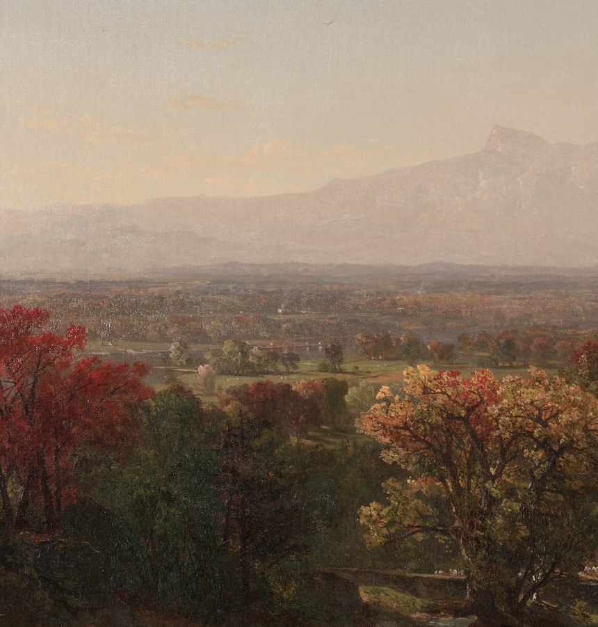 The painting's warmest chromatic passage , the saturated reds and golds vibrate against the cool blues of the distant mountains, showing Kensett's control of color temperature.