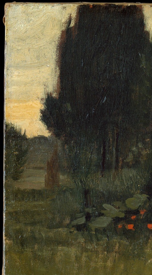 Near-silhouette darkness anchors the left half; the near-black foliage is the painting's heaviest tone and sets the funereal mood cypress traditionally carries.