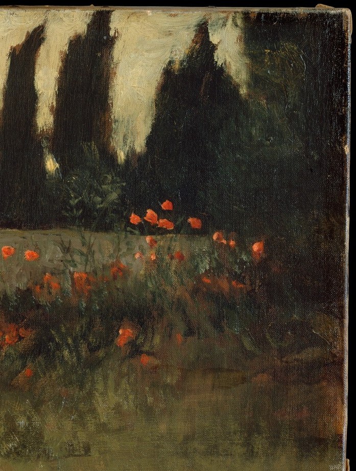 Mirrors the left mass, closing the composition like parentheses and reinforcing the cemetery-garden enclosure that frames the poppies below.