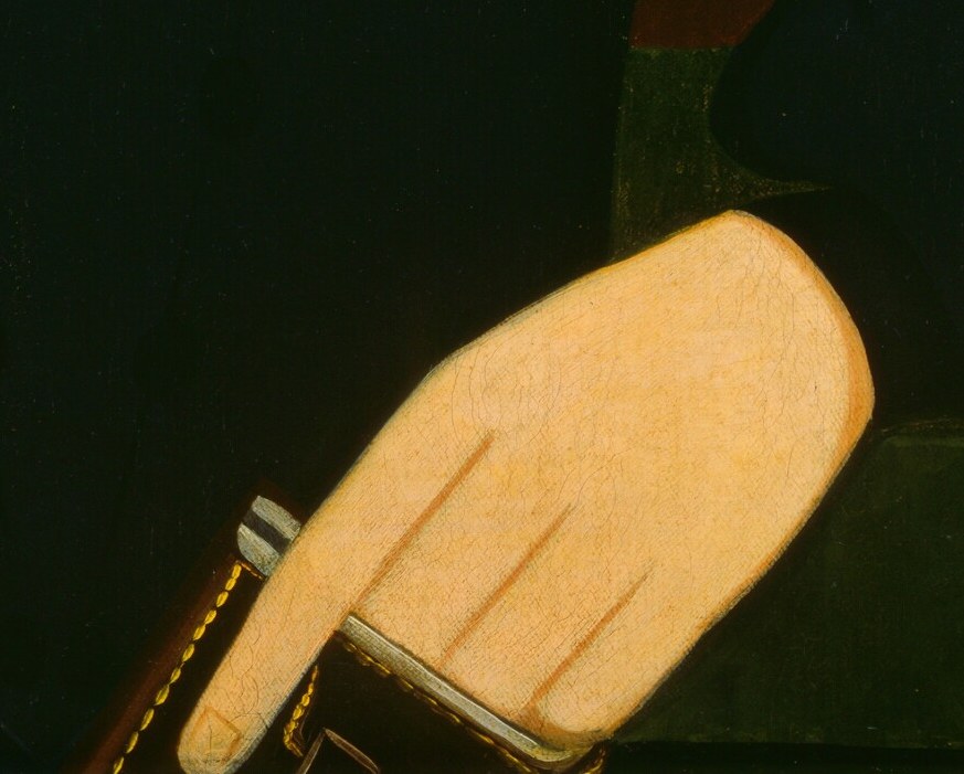 Her left hand holds a closed fan, another revealing social symbol.