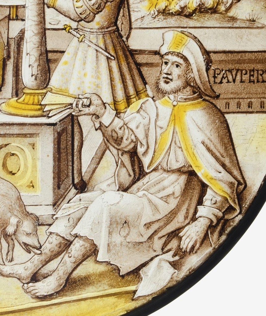 On the left, Dives, the rich man, feasts lavishly.