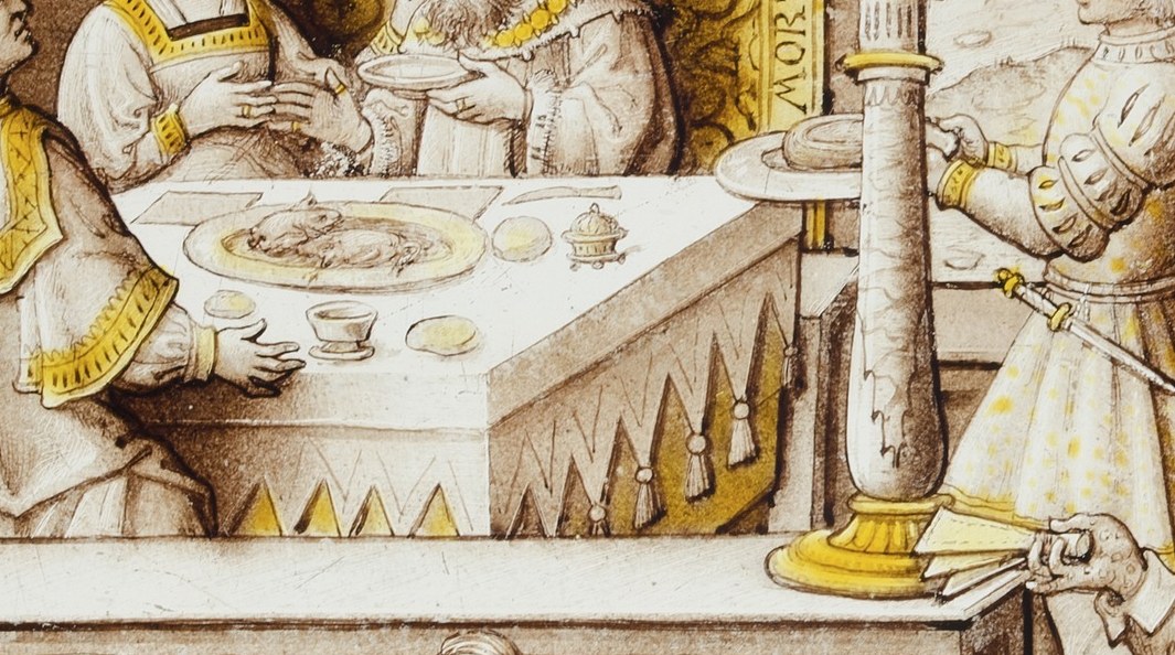 His table groans with food, ignored by Lazarus the beggar.
