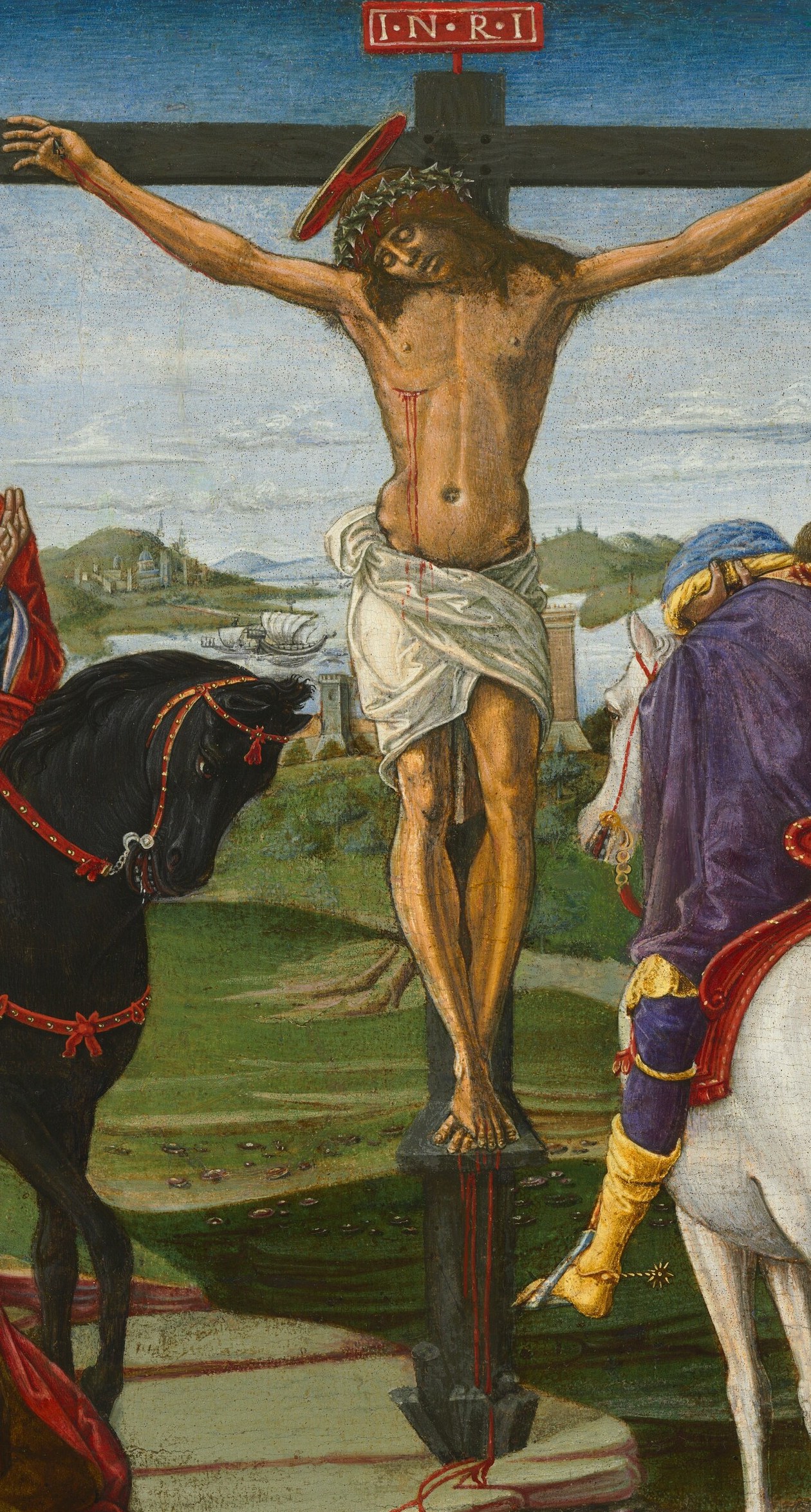 The devotional core of the composition; the pale elongated body against the stark wooden cross commands every sightline in the panel.