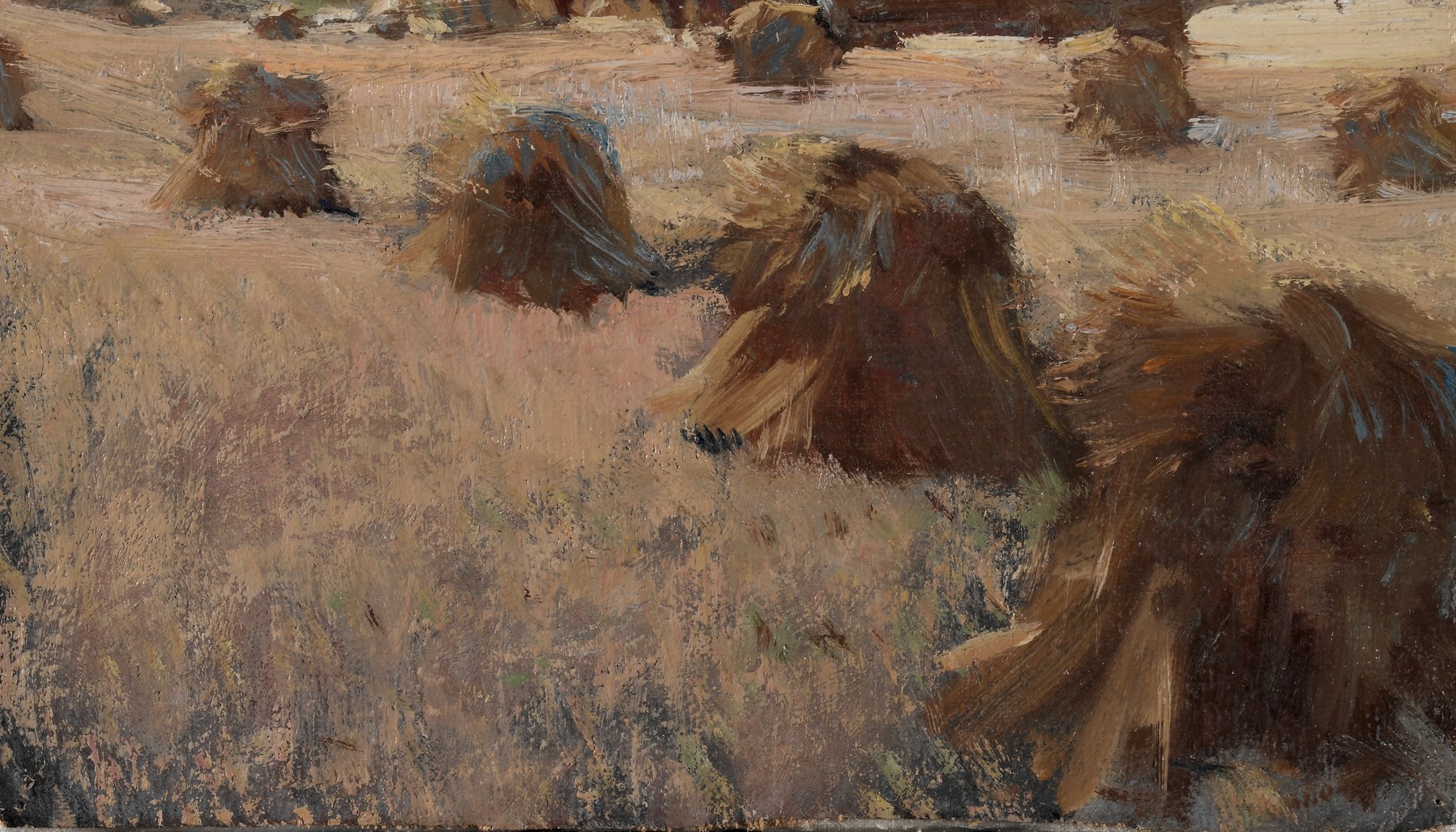 These prominent haystacks, rendered with thick impasto, convey the texture and bulk of the harvested crop, grounding the scene in agricultural reality.