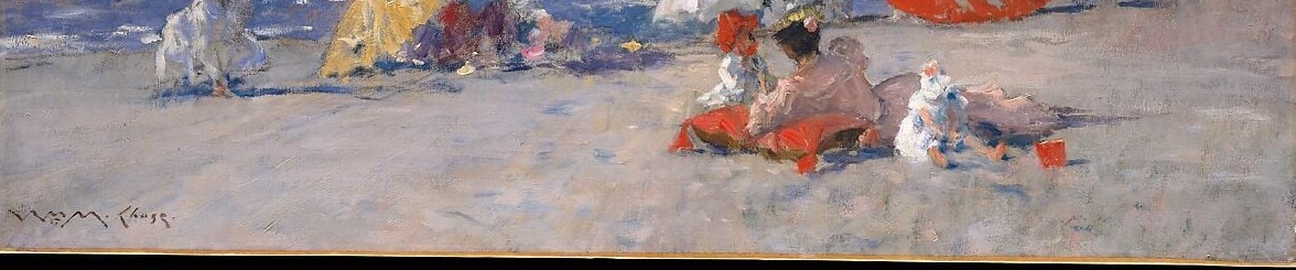 Chase renders the sand with rapid, varied strokes of cream, buff and pale shadow , a virtuoso passage showing how he captures dazzling midday light without overworking the surface.