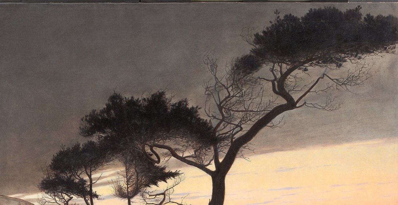 The transition from dark grey to warm orange and pink hues captures the poignant beauty and melancholy of twilight.