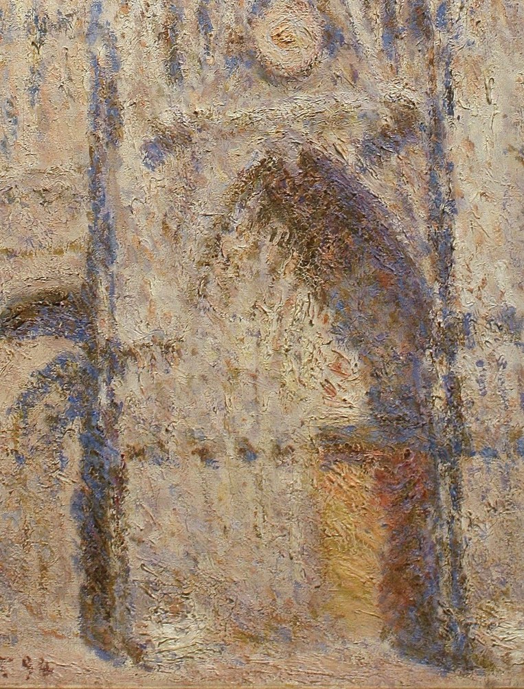 The cavernous void of the doorway anchors the composition; its absolute darkness throws the sunlit stone above into blazing contrast, making it the emotional fulcrum of the series