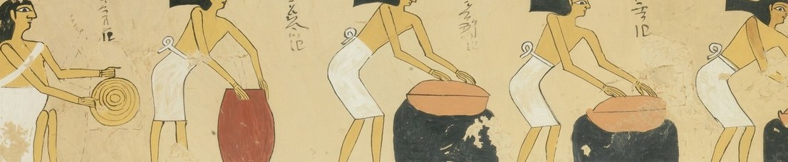 The vessels establish the food-preparation subject; their reddish-brown color and precise shape give archaeological data on ancient Egyptian kitchenware.