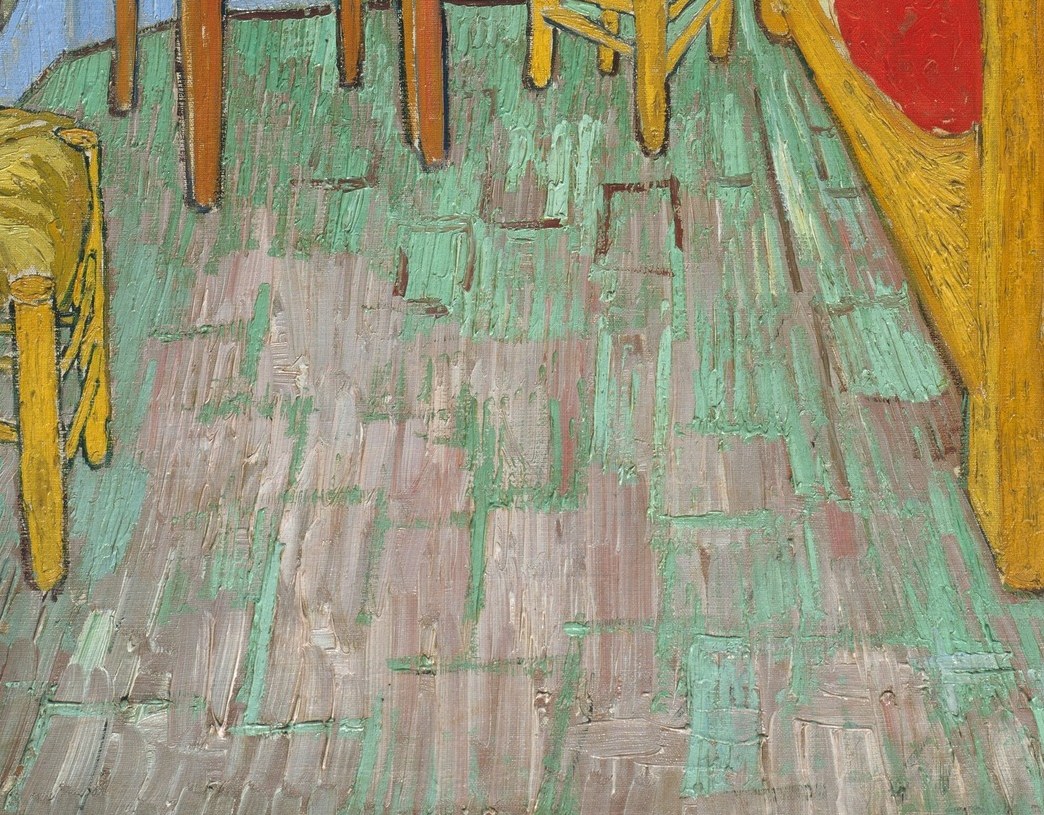 Look at the floorboards, painted in impossible colors.