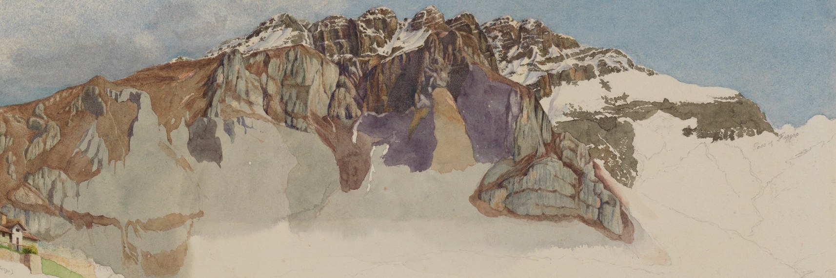 The dramatic, snow-capped peaks convey the imposing scale and ruggedness of the natural landscape.