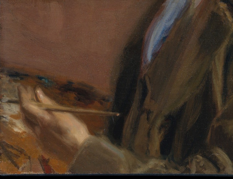 He holds the tools of a painter instead.
