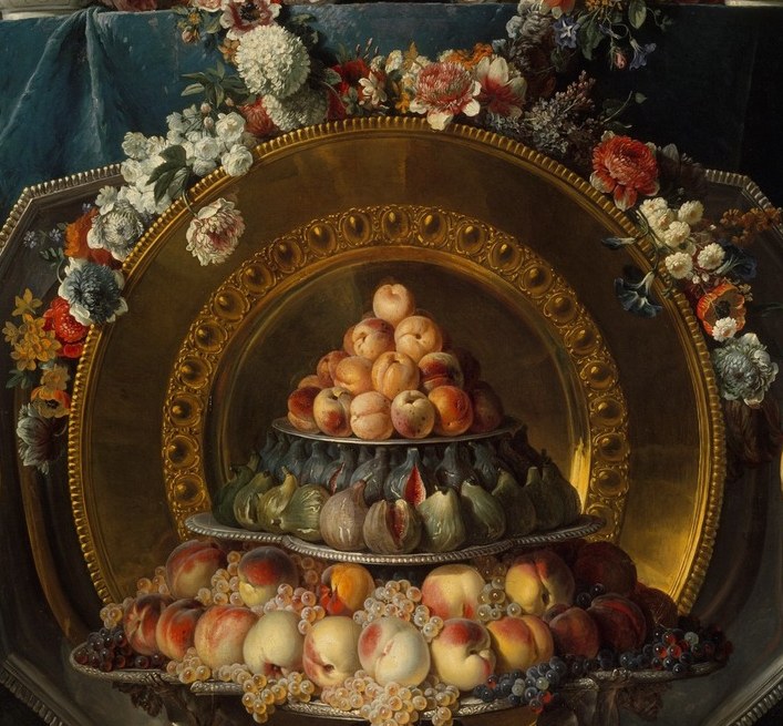 The warm flush of ripe peach skin against cool silver is Desportes's color temperature trick , a lesson in how 18th-century painters used organic warmth to animate metallic settings.