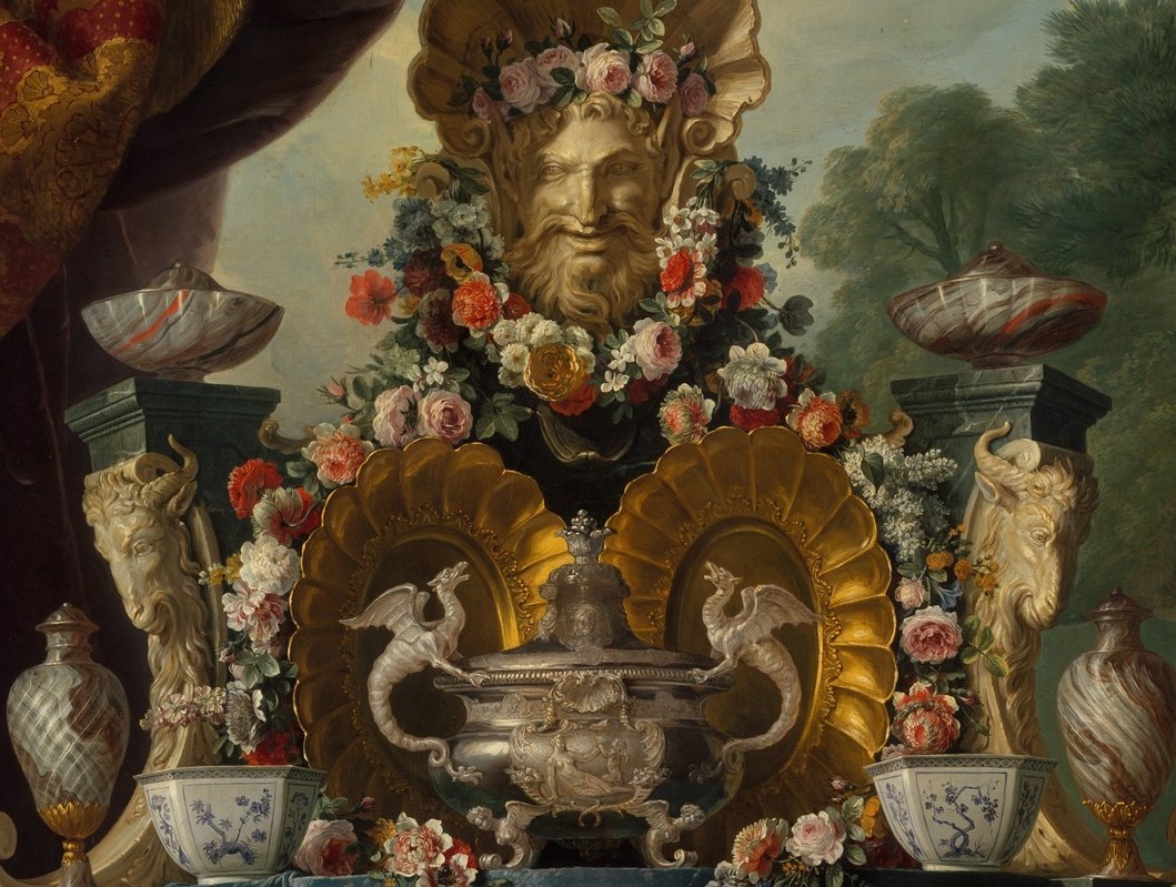 Roses, peonies, and ripened fruit woven together signal seasonal transience against the eternal gleam of silver , the core vanitas tension of the work.