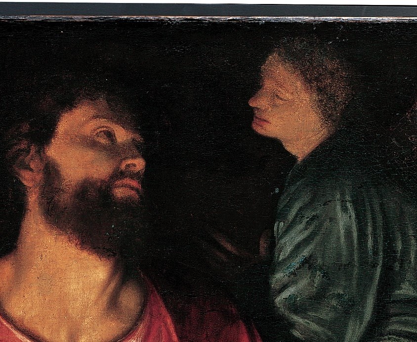 The evangelist's downward gaze and furrowed brow convey deep concentration , a rare moment of divine inspiration rendered with intimate psychological weight.