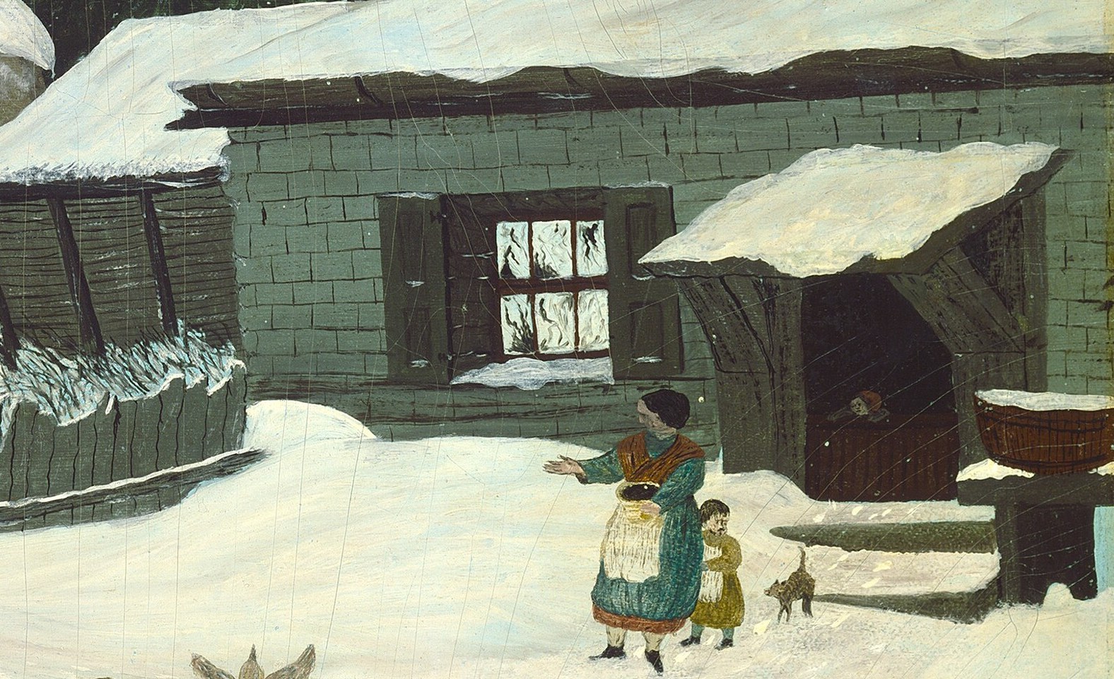 The scene depicts typical 19th-century New England farm work.