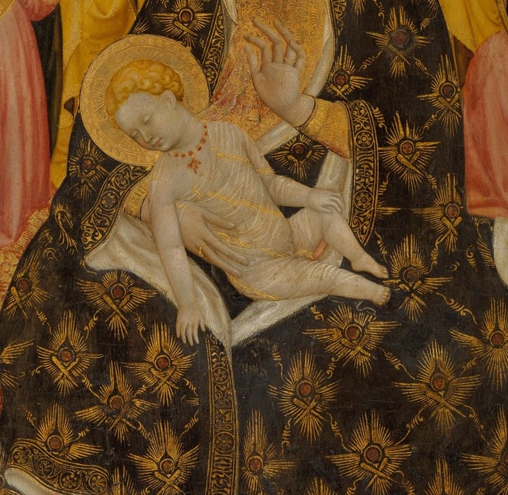 Pale, vulnerable infant with exposed body against the dark robe , the physical tenderness here contrasts powerfully with the divine gold field behind